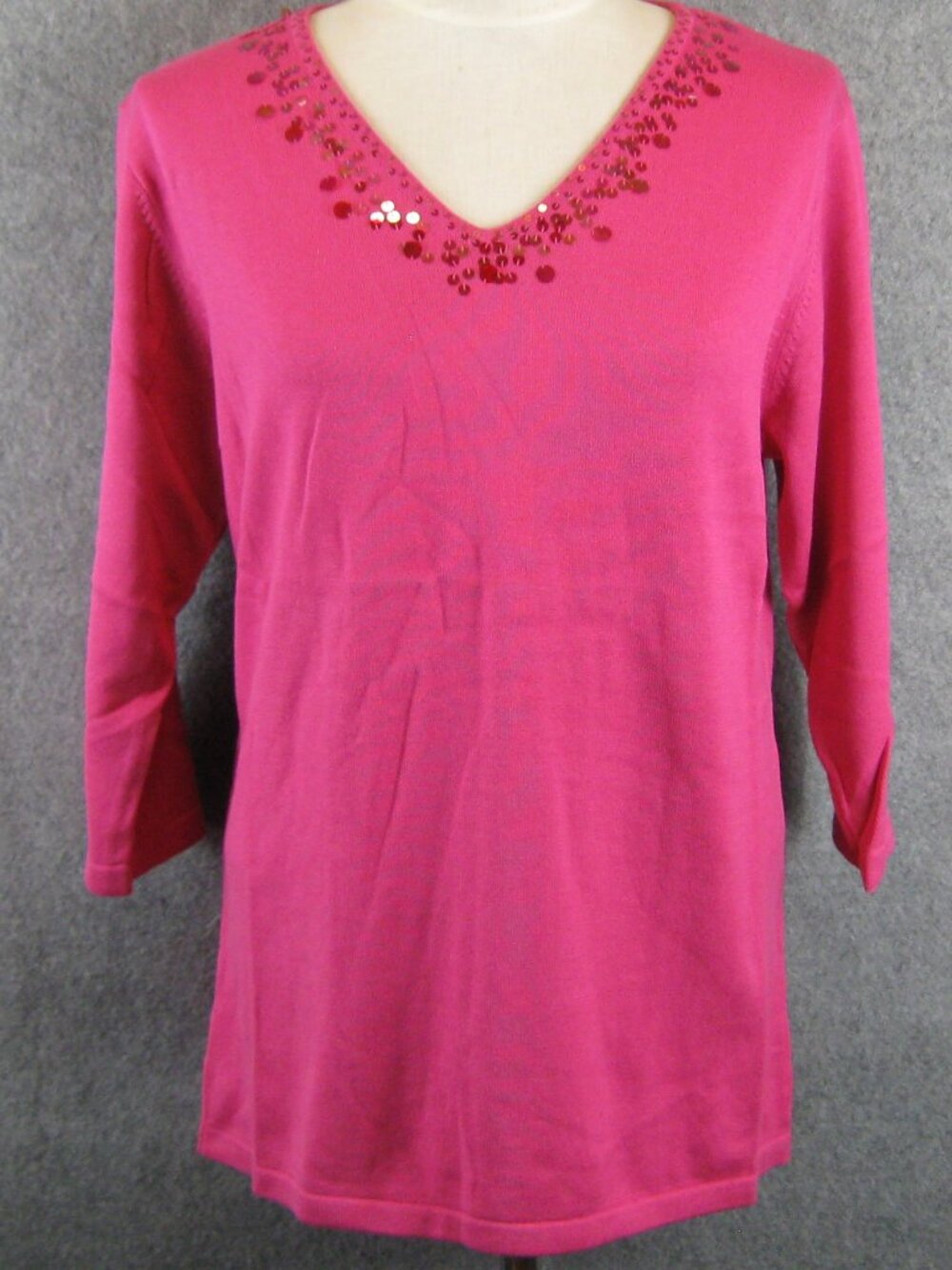 Quacker Factory 3/4 Sleeve Paillette Trim Sweater Sz M Pink